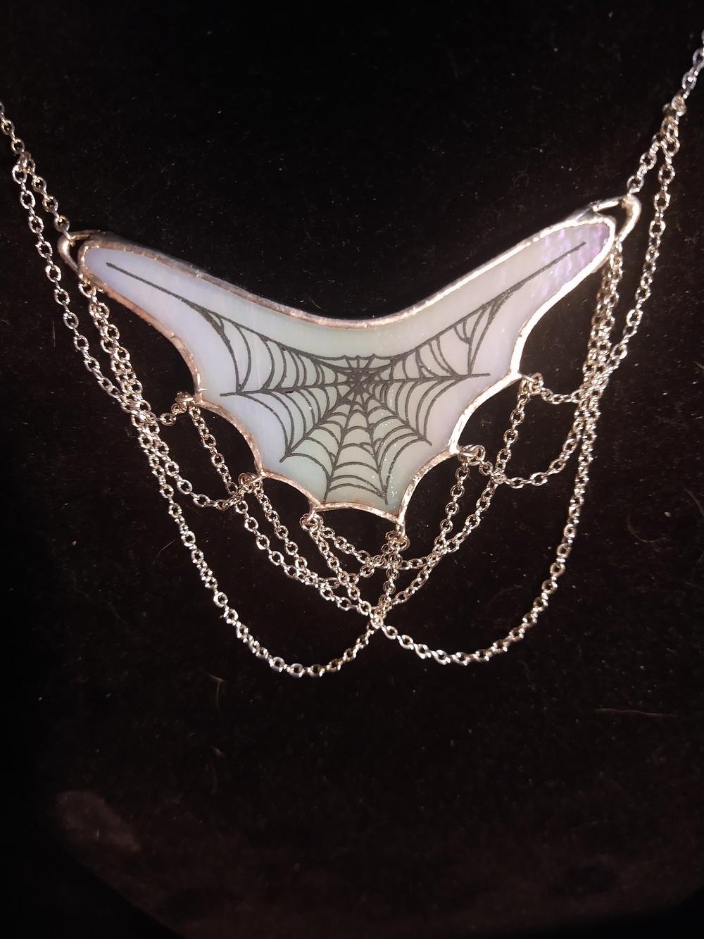 Iridescent White Stained Glass Web Pendant Necklace with Silver Chains